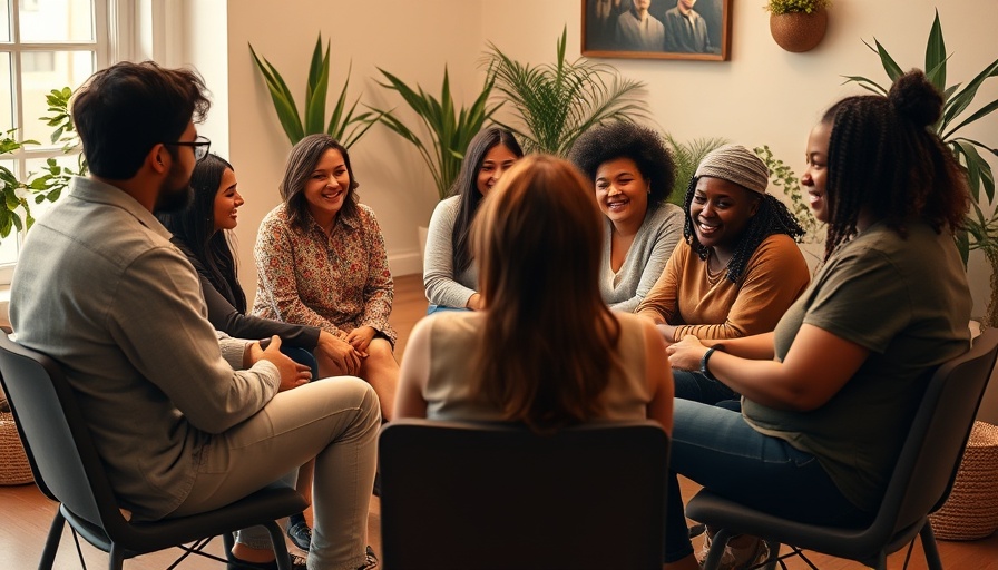 Community gathering for mental health support, diverse group in discussion.