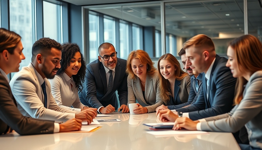 Professionals discussing content marketing strategies in a modern office.