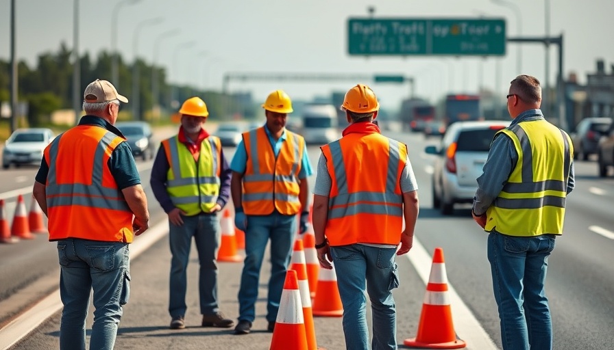 Traffic workers managing cones on a busy highway in South Africa.