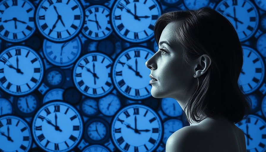 Profile of a woman pondering time against a backdrop of patterned blue clocks, holistic healing for families.