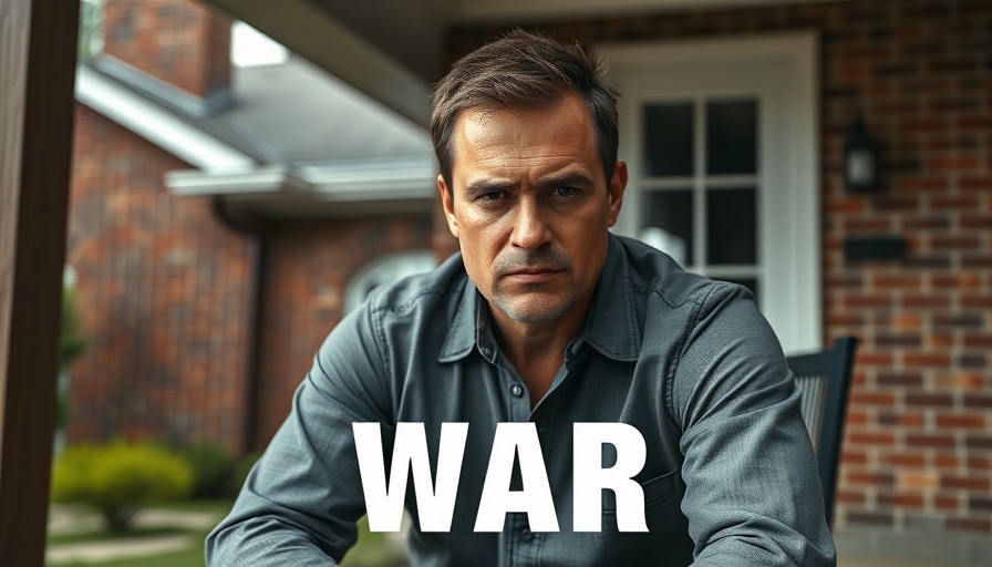 Man contemplating war question on porch with 'WAR' caption.