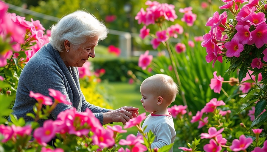 Elderly woman helps child in a vibrant garden for anxiety management.