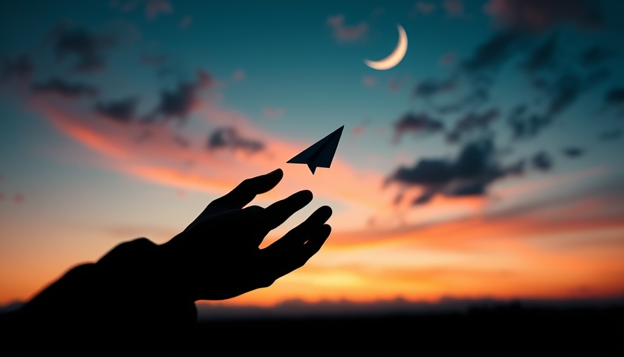 Creative silhouette of hand reaching paper plane, dusk sky scene.
