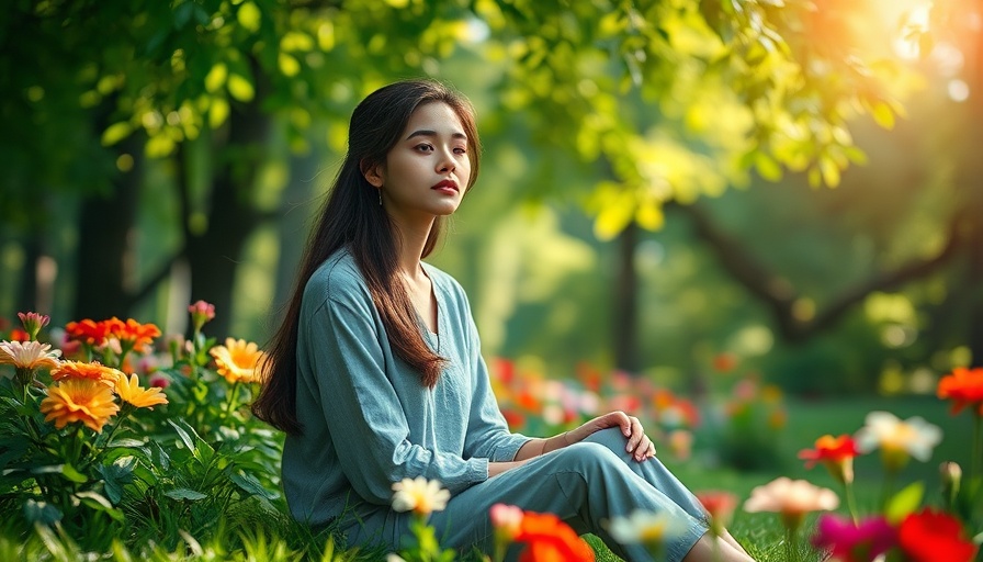 Serene woman in park reflecting on mental health awareness.