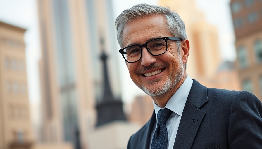 Confident man in a suit smiling above cityscape, staying relevant in today's market.