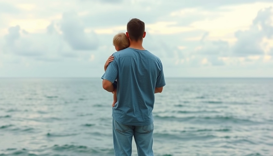 Father holding child near ocean, symbolizing paternal depression and child mental health.