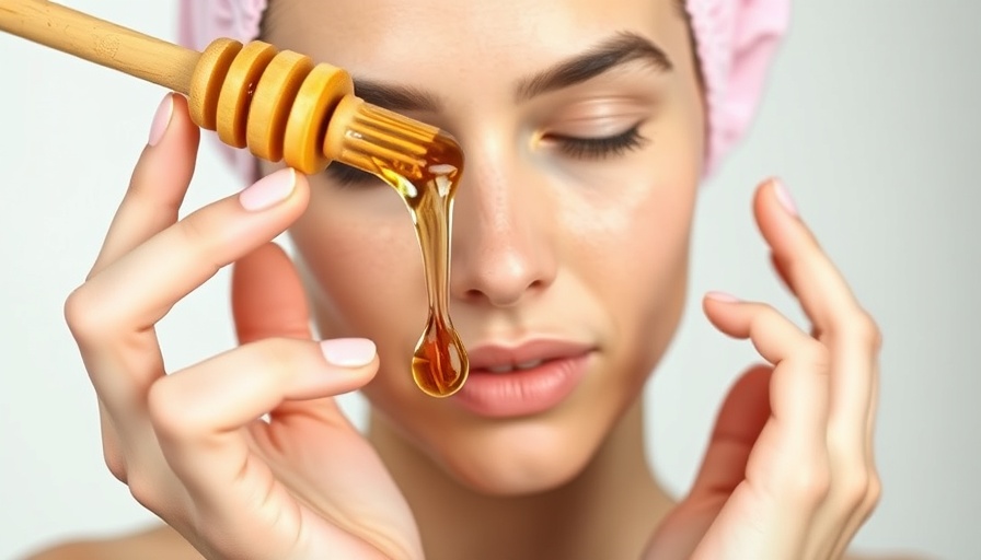 Woman using honey for skin care routine, wearing pink hair cap.