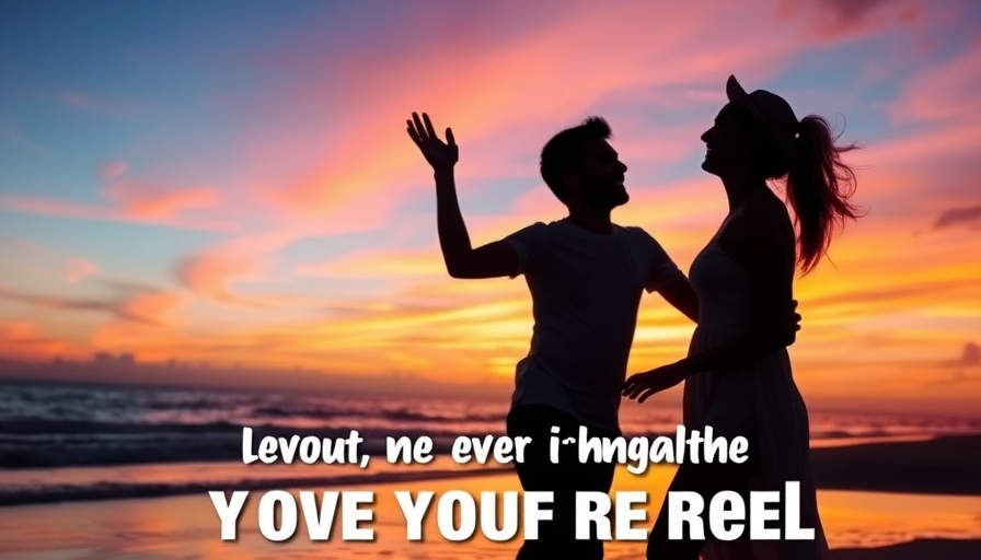 Silhouetted couple at sunset on the beach, motivational text about positive impact.