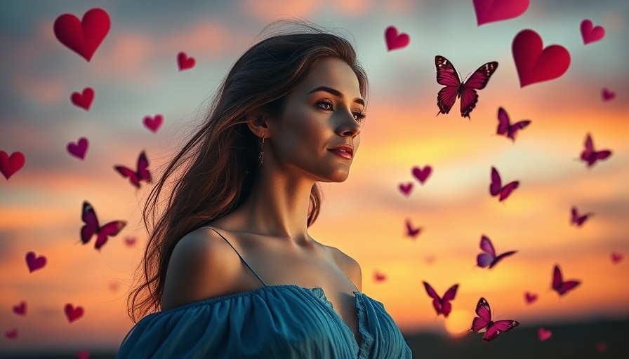 Contemplative woman with hearts and butterflies illustrating heartbreak and mental health.