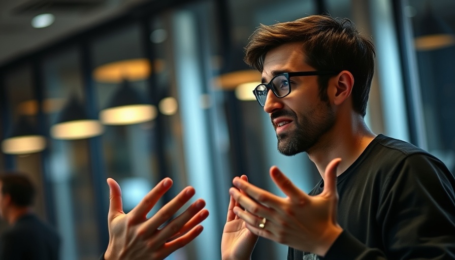Young man gesturing indoors, discussing mental wellness.