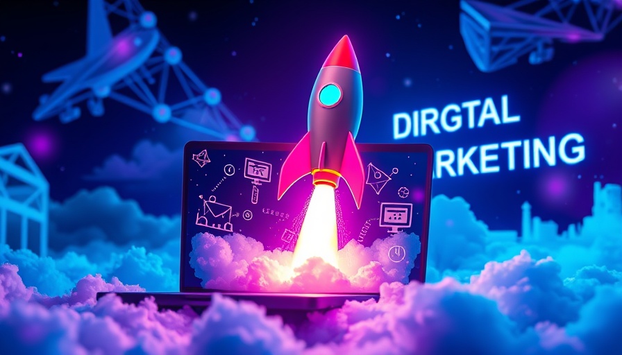 AI in digital marketing concept with neon rocket launch