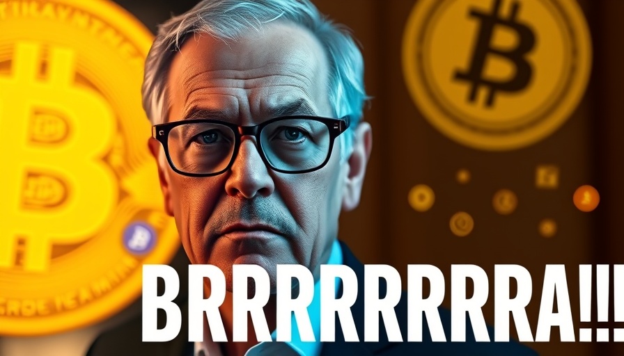 Serious man with Bitcoin symbol and cryptocurrency icons, 'BRRRRRRR'.