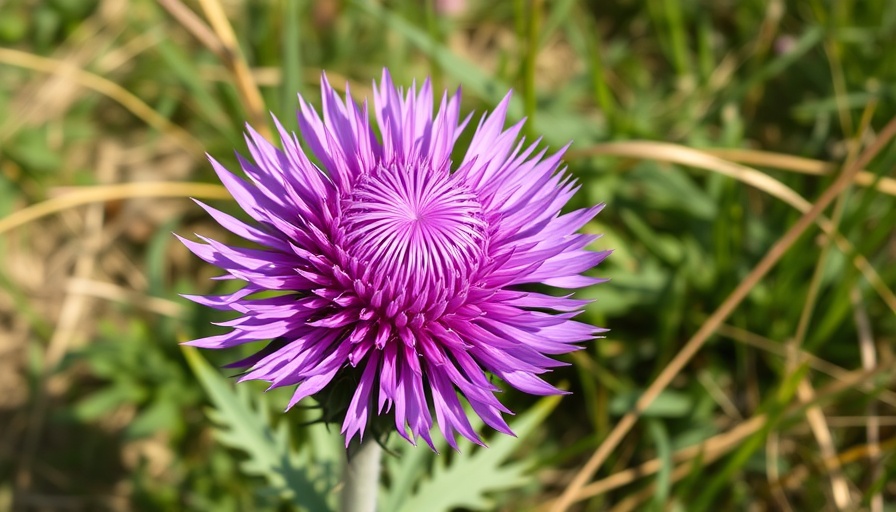 Effulgent spaciousness of purple thistle in natural setting, mental health symbolism.