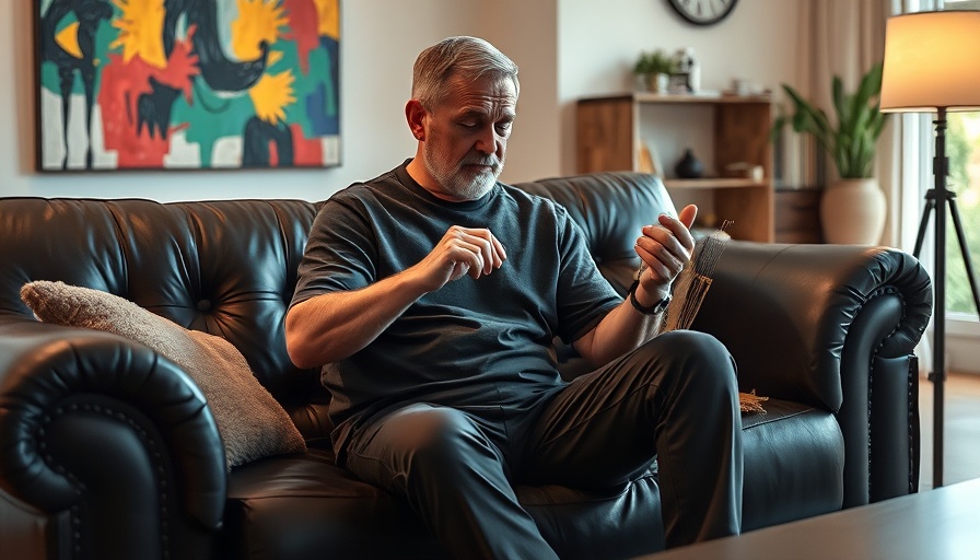 Middle-aged man boosting mood with tapping on a sofa.