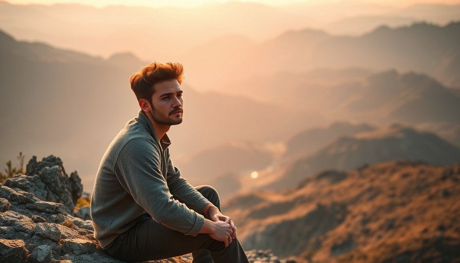 Young man reflecting on a mountainside at sunset. Internalized Homophobia and Mental Health.