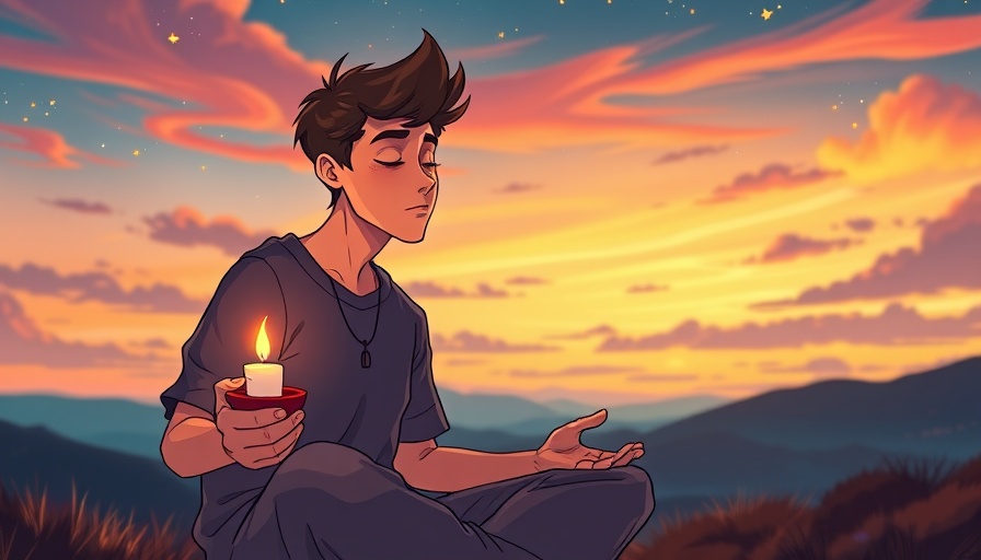 Serene young man practicing coping strategies for anxiety with a candle, calming landscape.