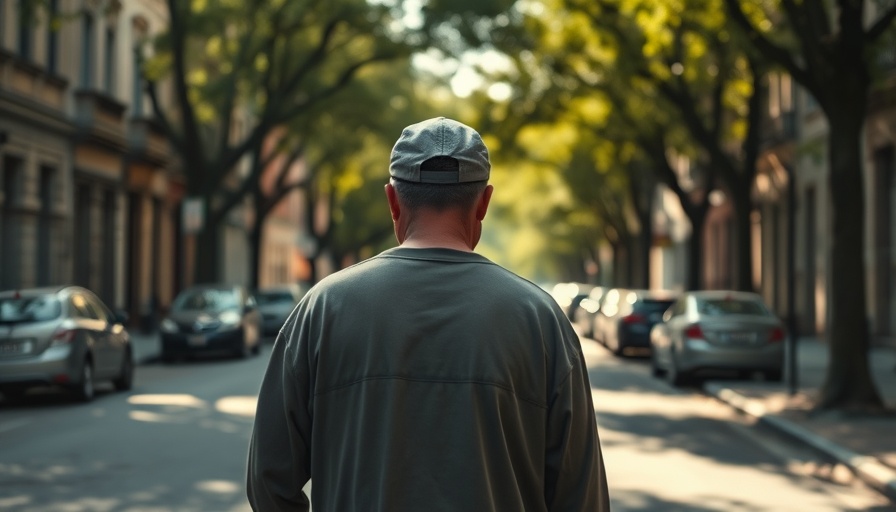 A man always seeking happiness, walking through a sunlit street.