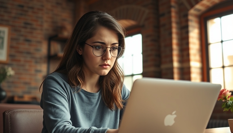 Worried woman looking at laptop, reflecting need to protect yourself from cyberstalkers.