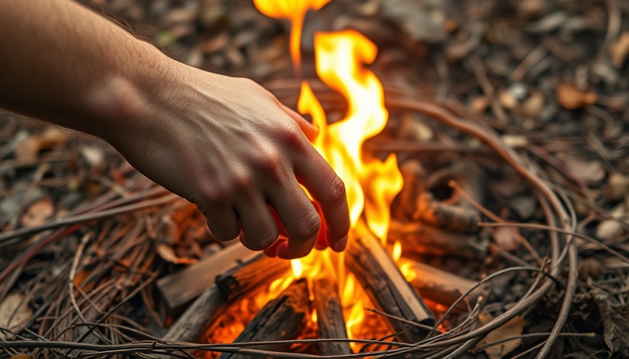 Hand tending campfire, energy medicine for mental health concept.