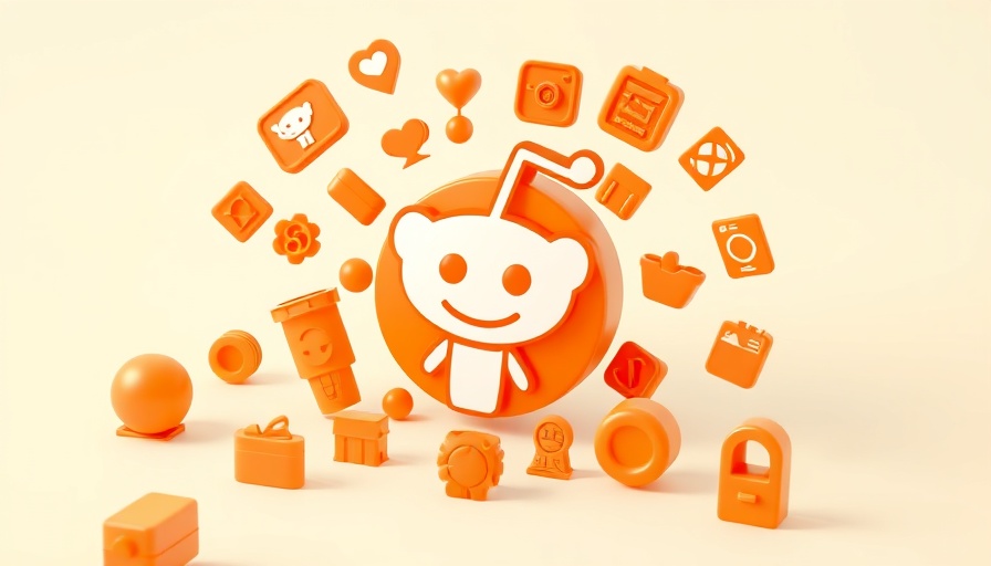Reddit logo surrounded by 3D orange icons, minimalistic design.