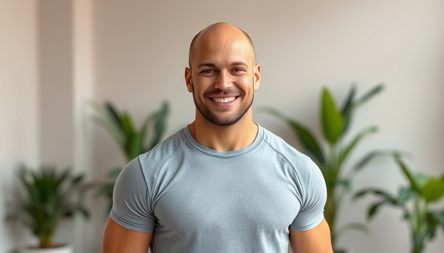 Motivation for wellness: athletic man smiling indoors with plants.