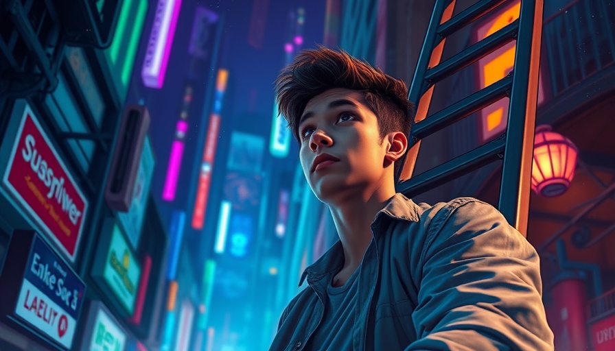 Young man climbing a ladder amidst glowing elements, symbolizing overcoming anxiety disorders.