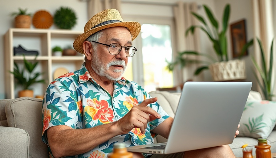 Older man excitedly browsing Prime Day Travel Deals 2025 at home.