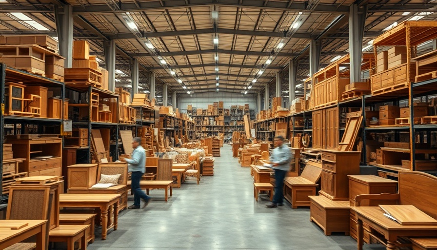 Furniture factory shops with wooden furniture and workers.