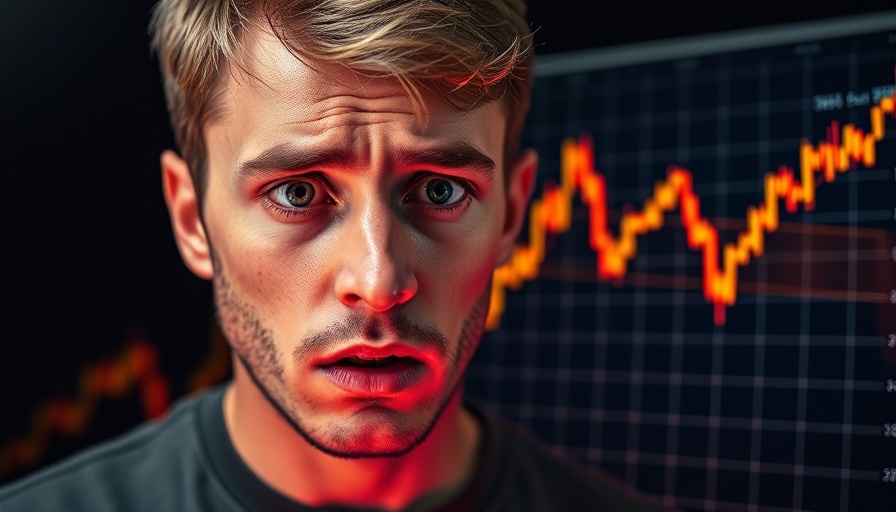 Young man observing Bitcoin price trends with fiery drop.