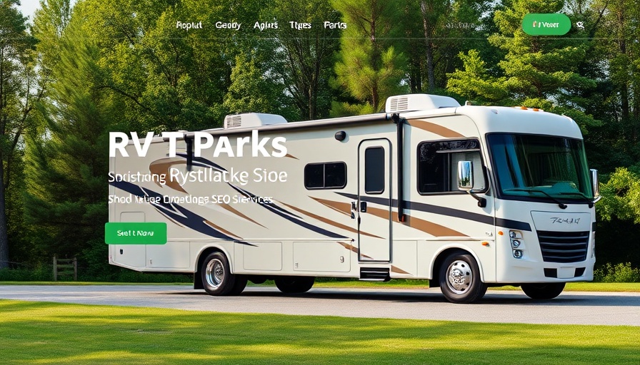 Modern RV park website design with SEO service highlights.