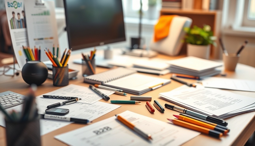 B2B workflow marketing scenarios with organized office supplies.