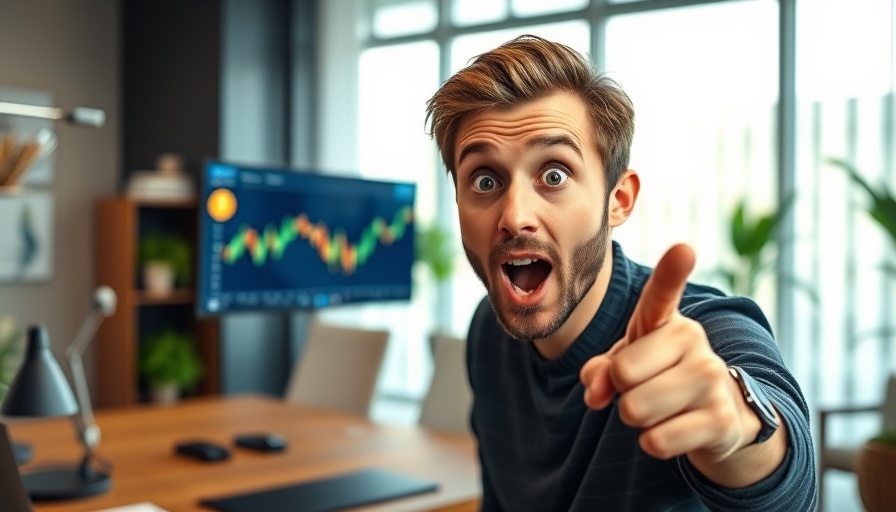 Surprised man pointing at Bitcoin chart on laptop screen indoors.