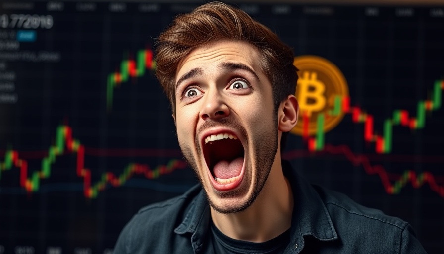 Excited young man reacts to Bitcoin price movement on chart.