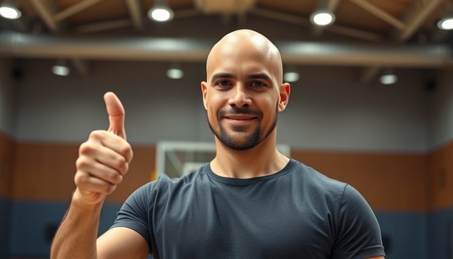 Confident man indoors at a basketball court with thumbs-up gesture.