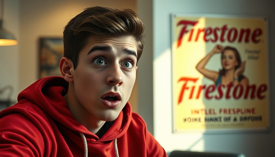 Surprised young man in red hoodie, vintage poster in background.