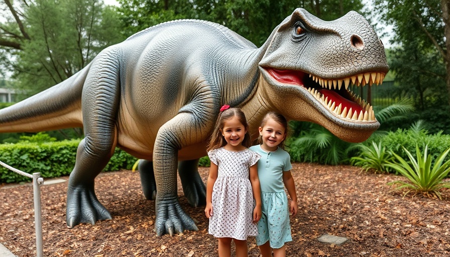 Children at Grammie and Pea Camp 2025 posing with dinosaur.
