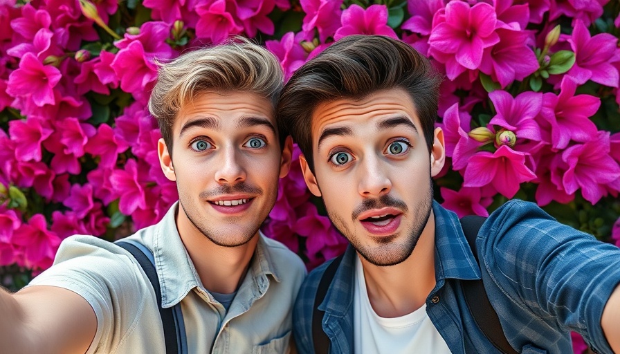 Surprised young men selfie with vibrant floral background, Bitcoin price predictions context.