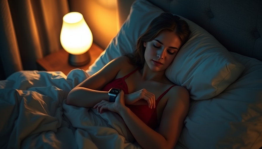 Young woman checking sleep health on smartwatch in bed.