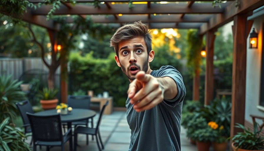 Surprised young man in garden, pointing, related to Trump's failed bills and altcoin season.