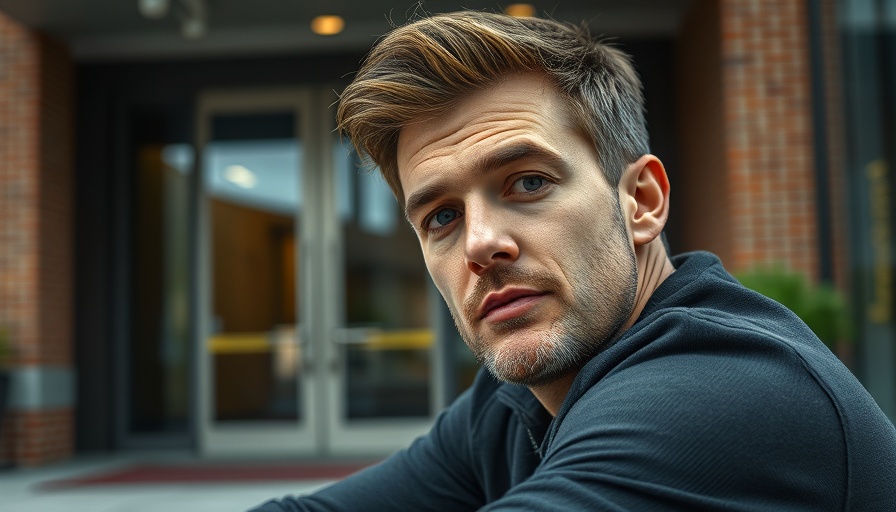 Contemplative man outdoors near modern building, Bitcoin Regulation context.