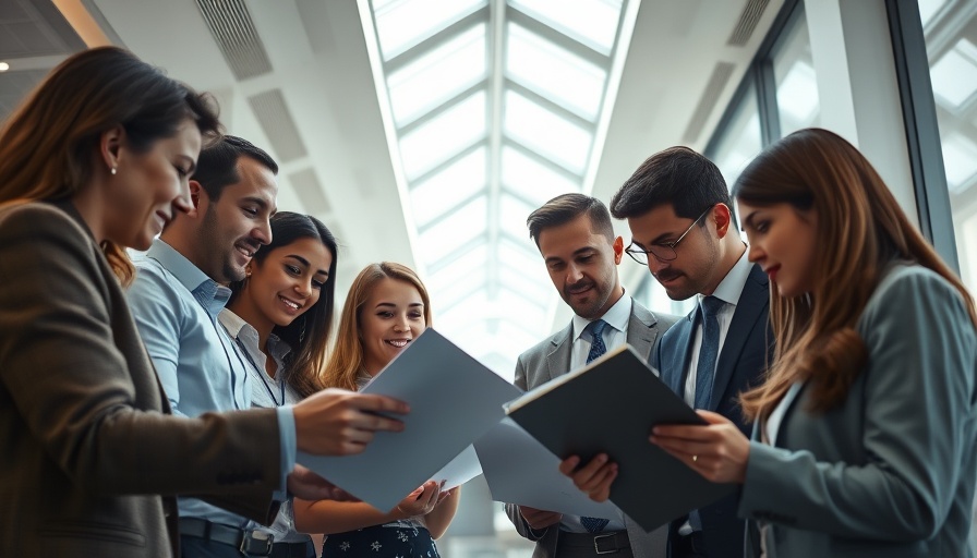 Professionals collaborating on documents in a bright office setting