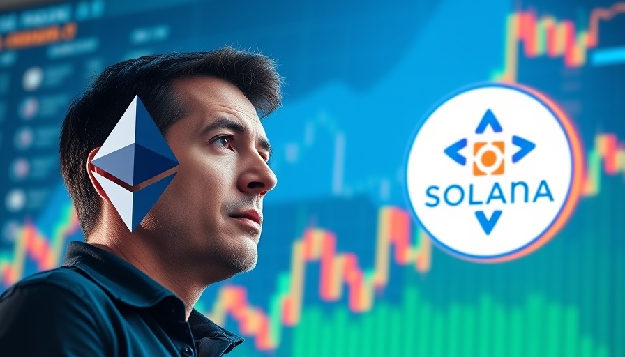 Ethereum vs Solana comparison graphic with market charts and thoughtful observer