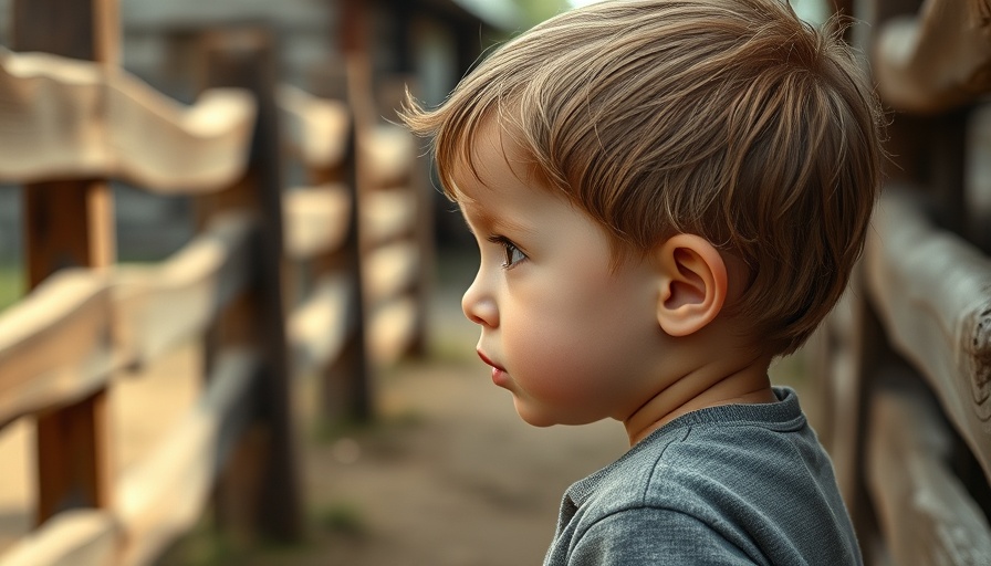 Thoughtful child gazing outdoors, in a rustic setting.