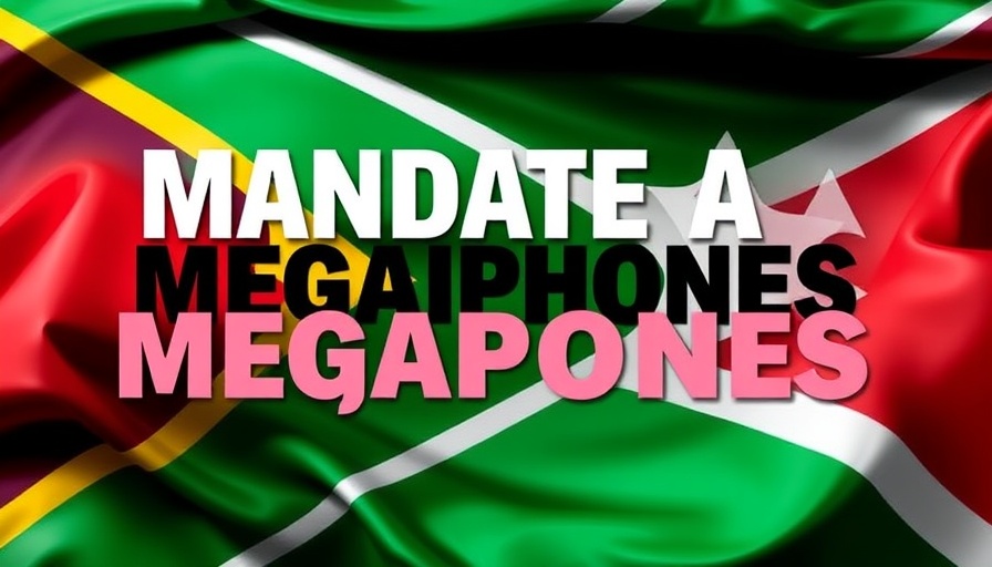Mandates and Megaphones podcast cover with South African flag.