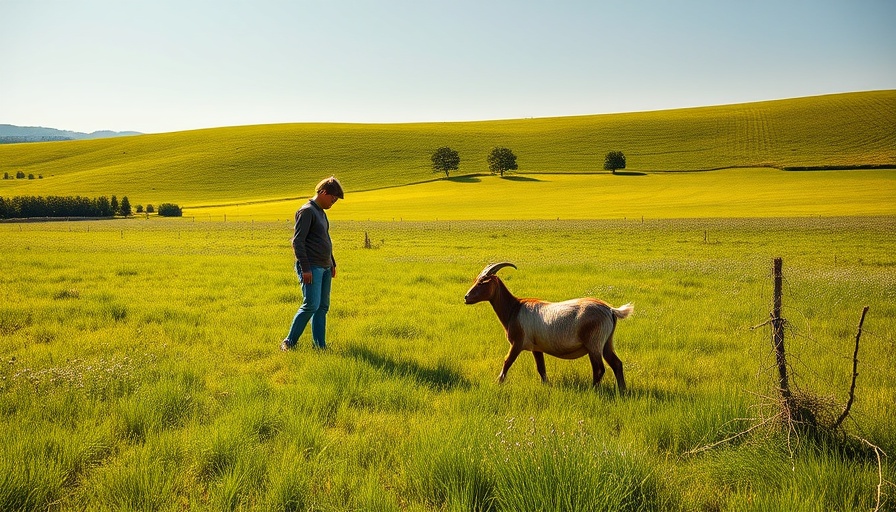 Person in a field in Aveyron, France interacting with a goat, showcasing rural tranquility.
