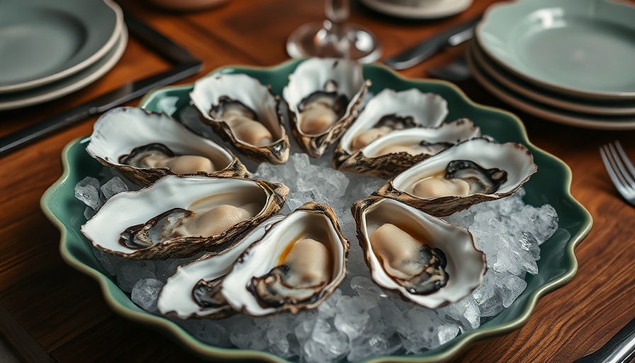 Plate of fresh opened oysters on ice, wooden table setting.