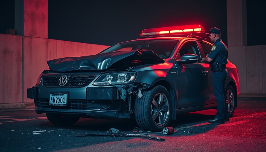Public safety intervention scene with officer inspecting damaged car.