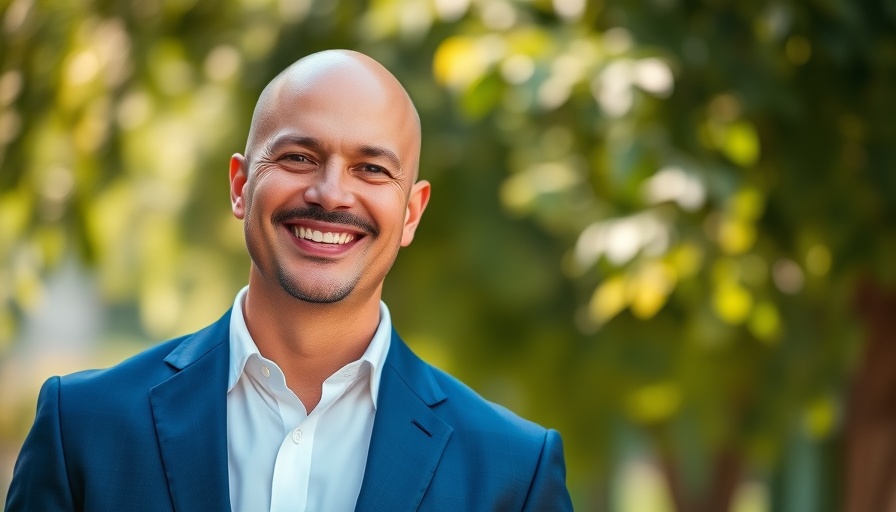 Bald man in blue suit smiling, outdoor portrait.