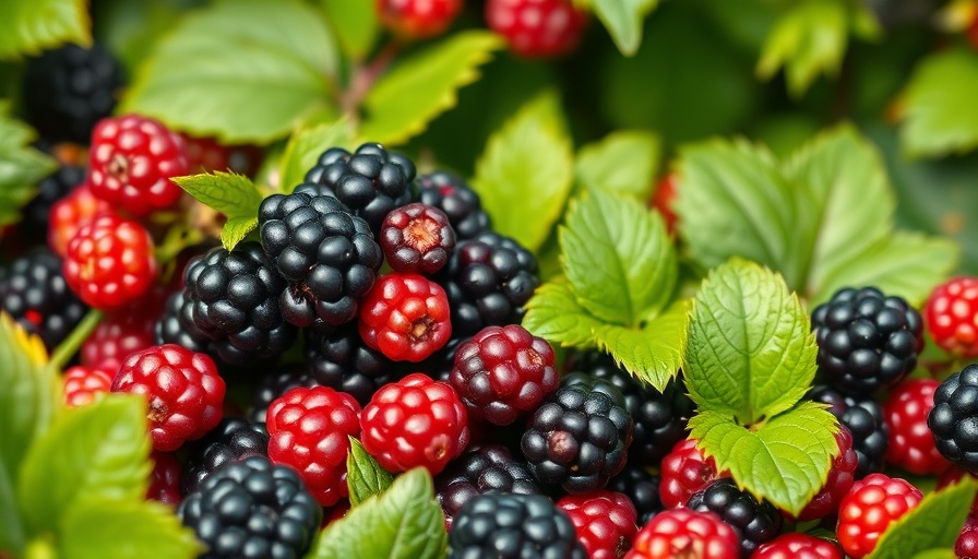 Blackberries on green leaves, close-up view.