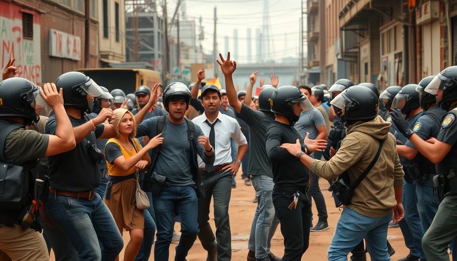 Group of protesters in an urban street facing police, reflecting African democracy challenges.